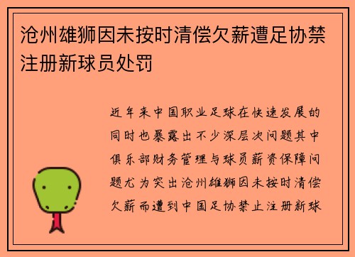 沧州雄狮因未按时清偿欠薪遭足协禁注册新球员处罚